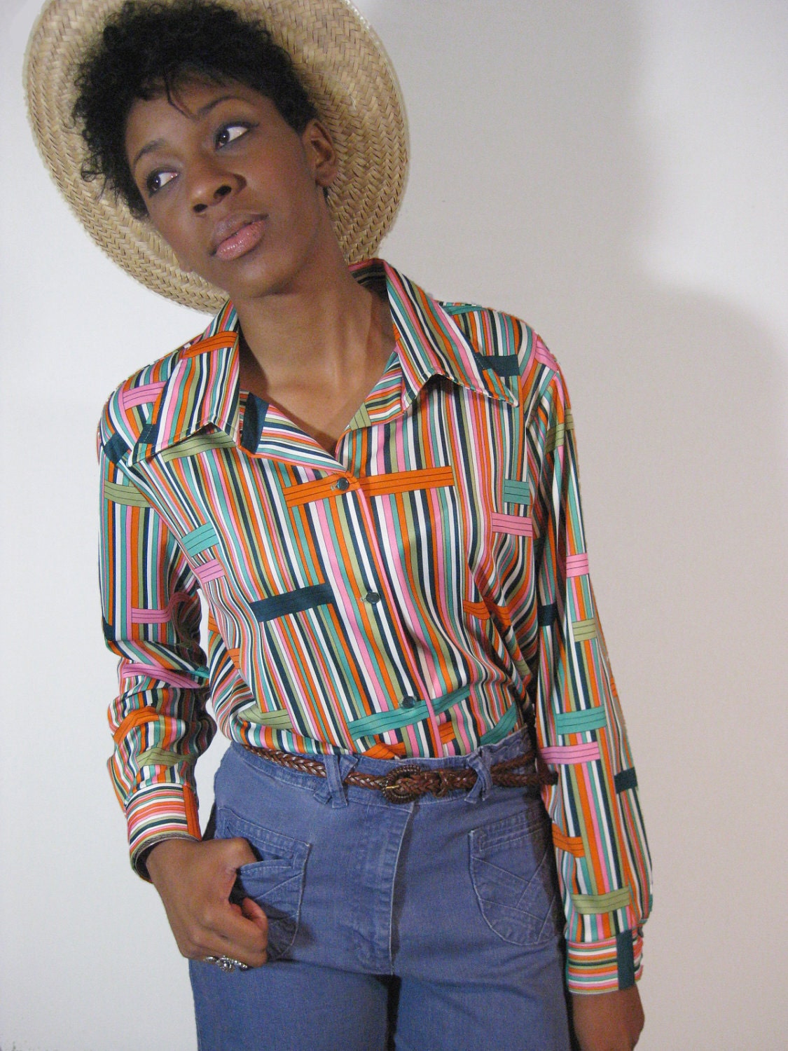 vintage STRIPED 70s shirt, butterfly collar shirt