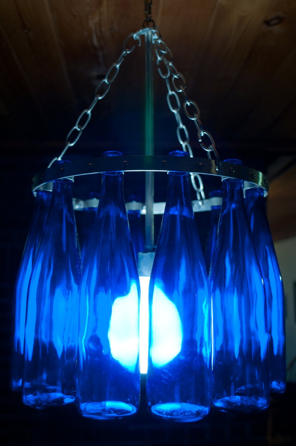 Wine Bottle Chandelier- Blue Moon-Stainless Steel with Cobalt Blue Bottles
