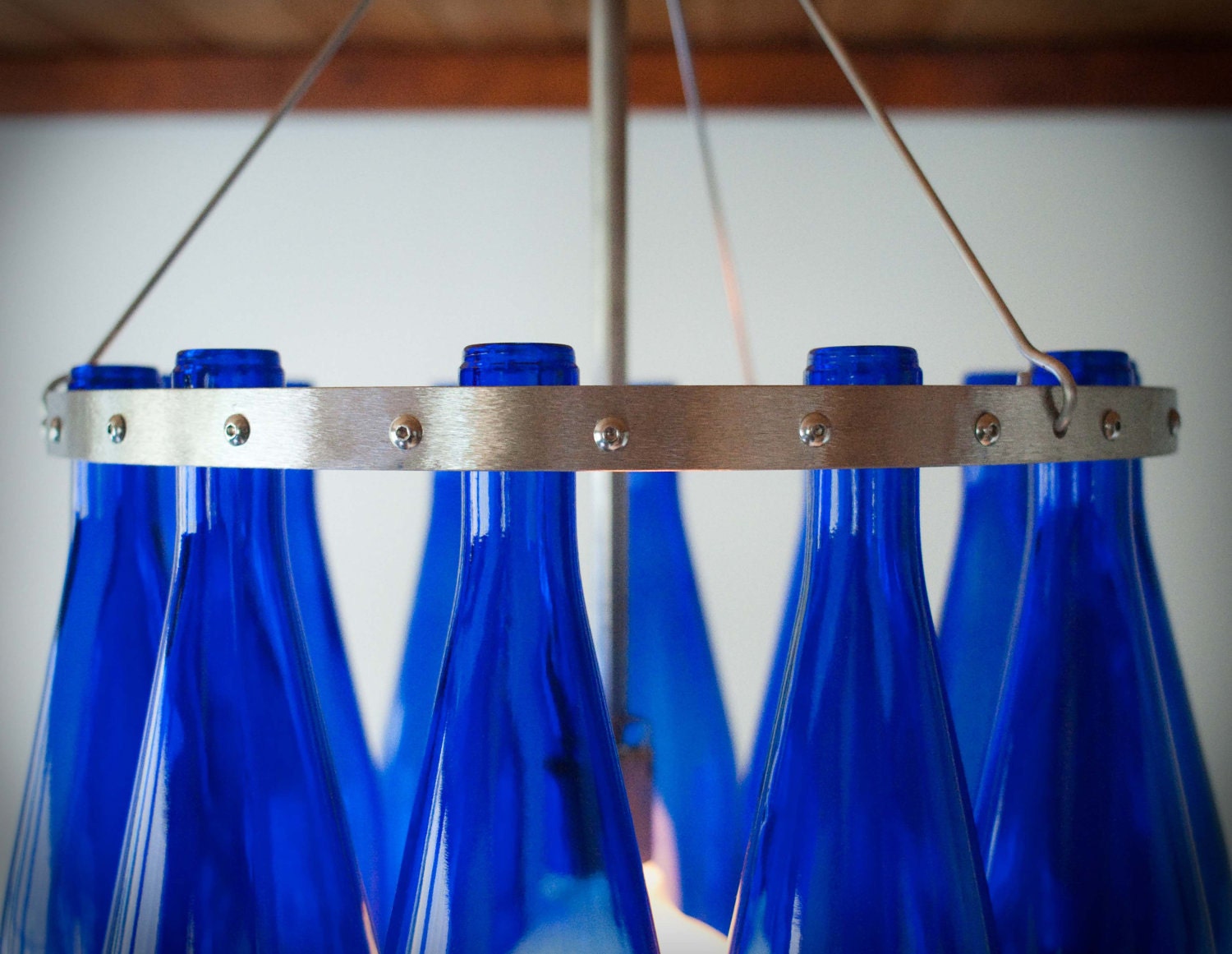 Wine Bottle Chandelier- Blue Moon-Stainless Steel with Cobalt Blue Bottles