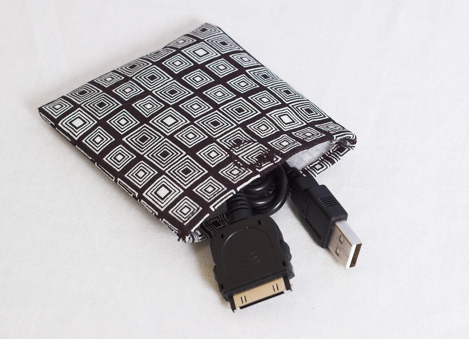 Cable case gadget pouch bag accessory  - bluetooth, earbud, power cord case - Black and White squares
