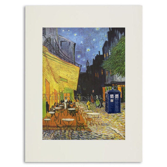 Doctor Who print Matted van gogh dr who print  in mat poster Terrace Cafe at Night, 8 x 10  Doctor Who Painting Geek  Picture