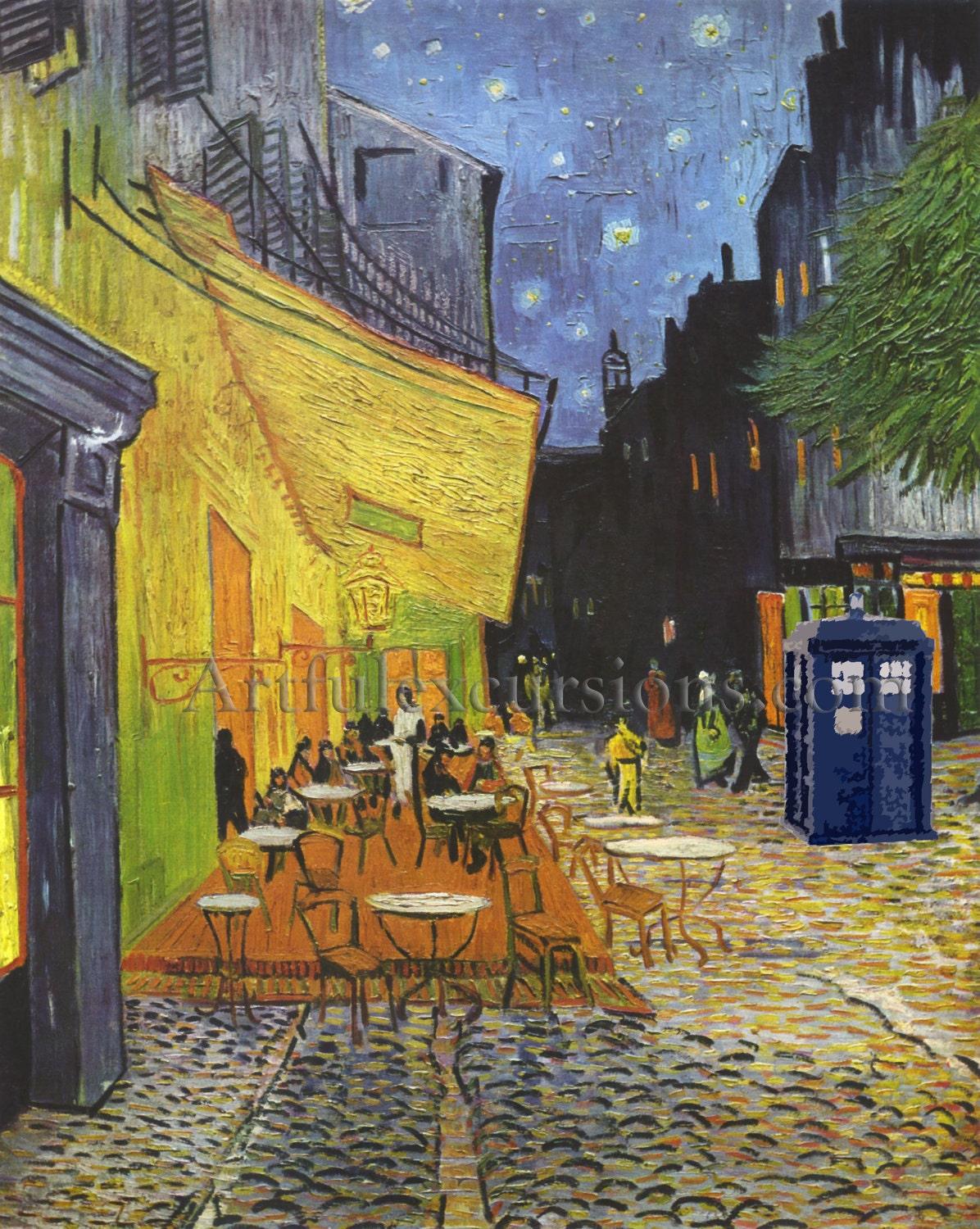 Doctor Who Poster print Van Gogh dr who Tardis, Doctor Who painting starry 20 x 30  print Cafe terrace  geek gift idea posters