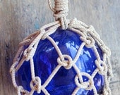 Beach Decor Cobalt Blue Glass Fishing Float in Rope Netting by SEASTYLE