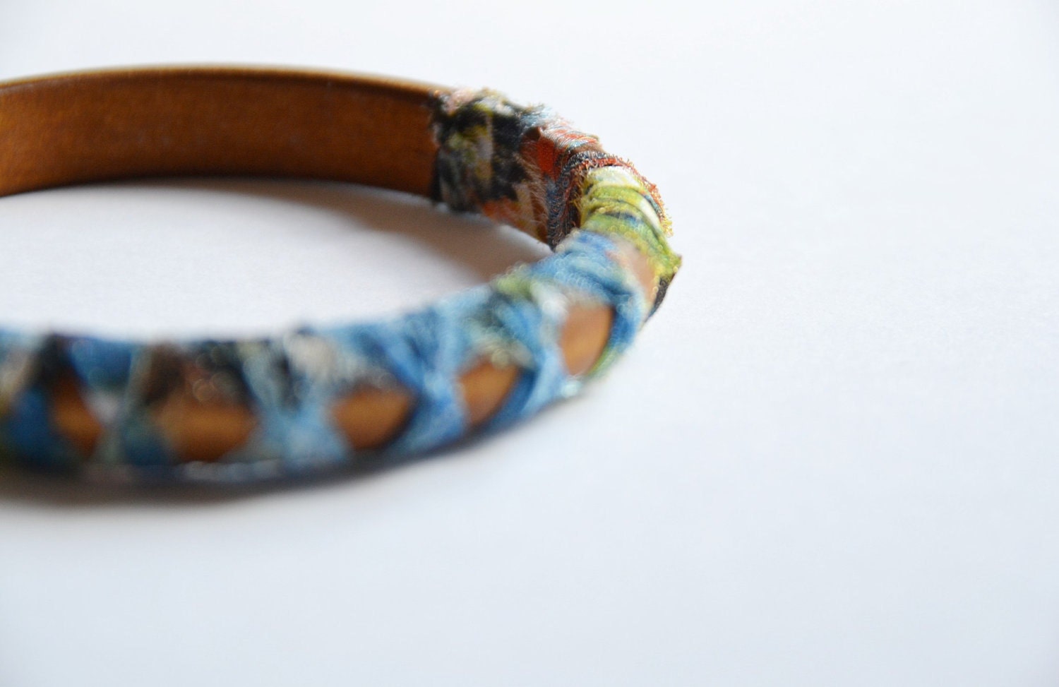 Wood and fabric bangle. Summer tribal fabric hand knotted around wooden bangle. Blue/green color. Light weight Small size.