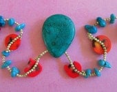 Teardrop Turquoise Pendant, Coral and Silver Necklace