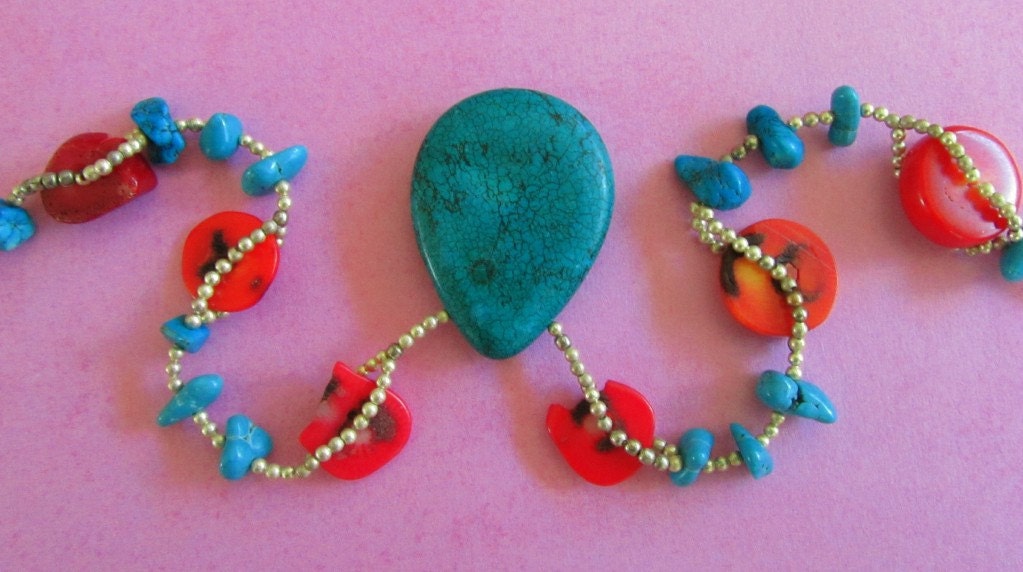 Teardrop Turquoise Pendant, Coral and Silver Necklace
