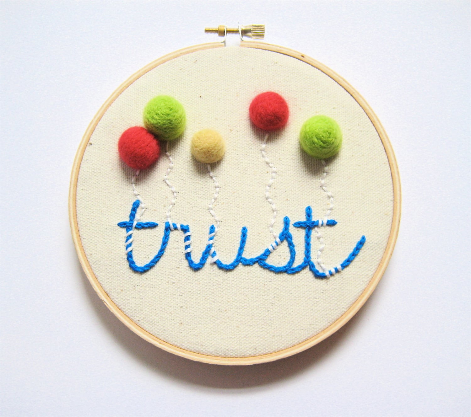 Embroidery Hoop Art with Felt Ball Balloons - Trust