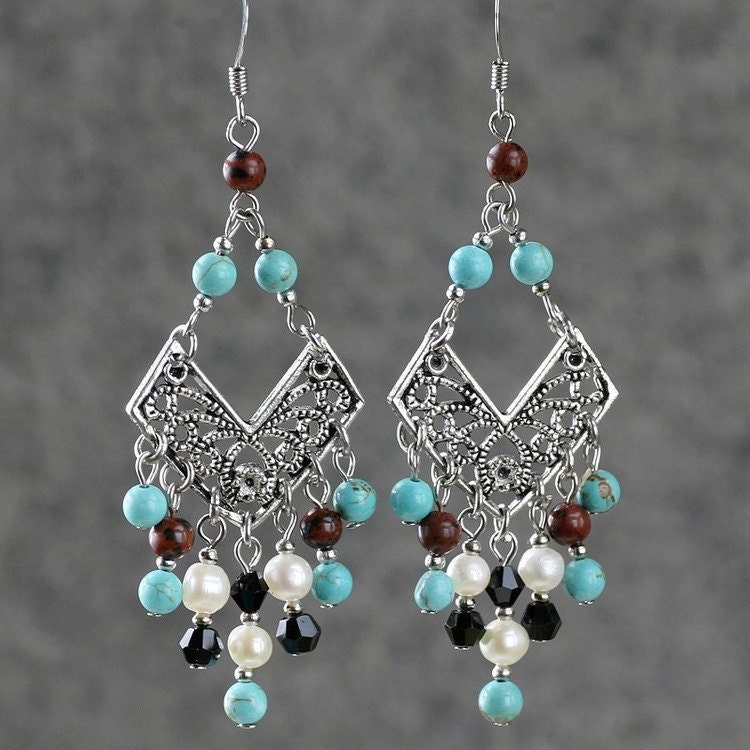 chandelier earrings turquoise drop dangle long pearl handmade