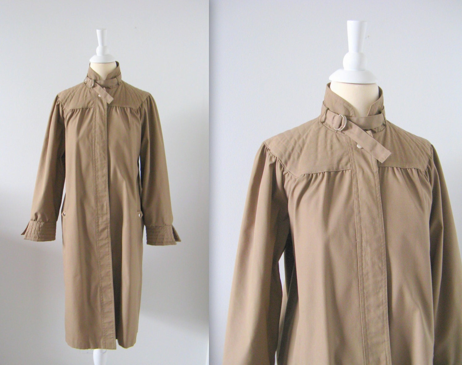 Vintage 1970s Smocked Trench Coat in Khaki Taupe - Small Medium
