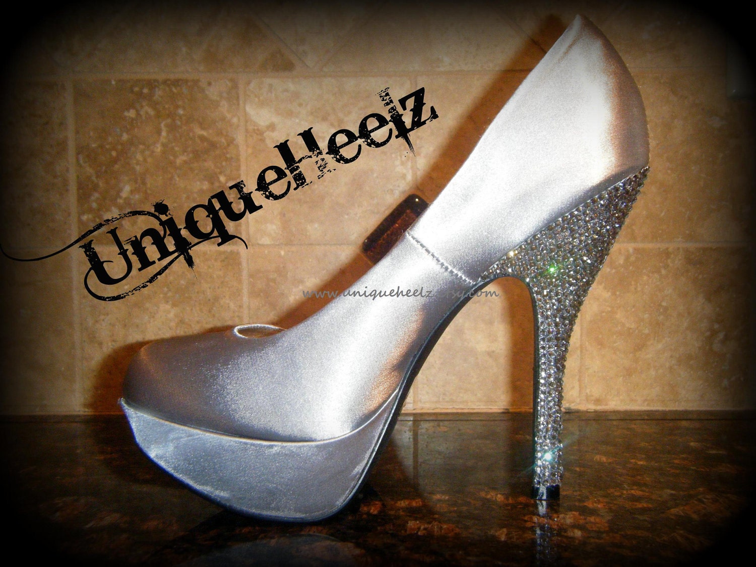 Swarovski Crystal - Satin Silver Platform Shoes - Size 7 - FREE SHIPPING