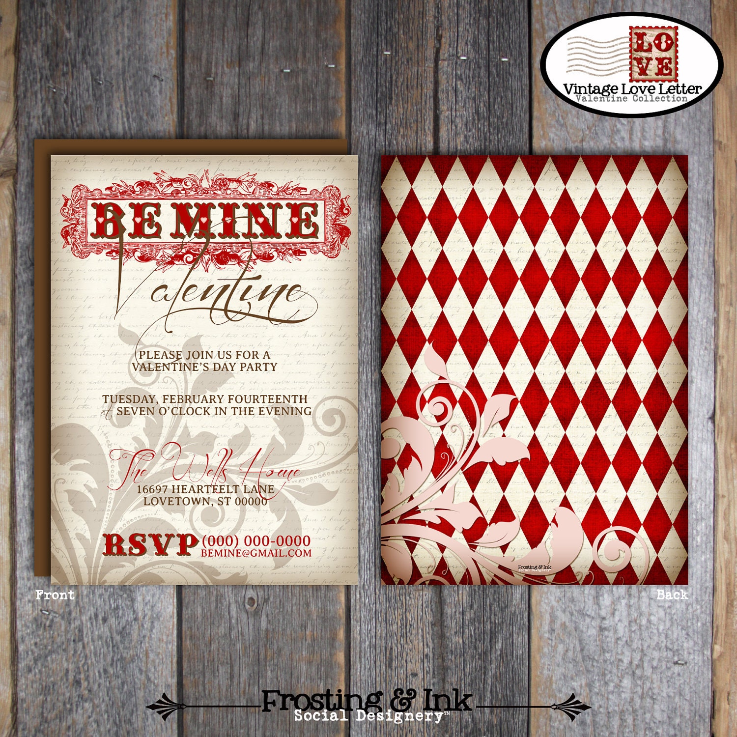 Valentine's Day Party - Be Mine Valentine - Invitation (Double Sided) - Customized Printable (Vintage Inspired)