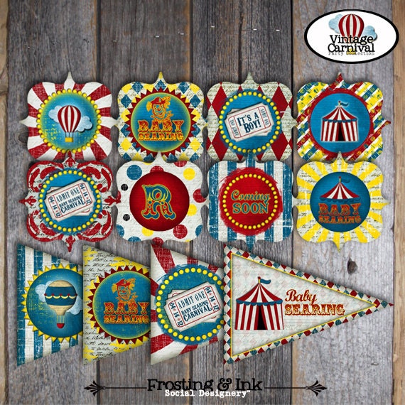 Carnival Shower - Circus Baby Shower - Complete Collection - Toppers, Banner, Favor Tags & More - Customized Printable (Vintage Inspired)