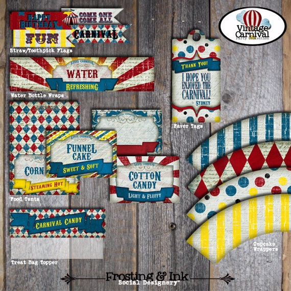 Carnival Party - Circus Party - Invitation & Wrap Around Address Labels - Customized Printable (Vintage, Big Top, Circus Poster, Birthday)