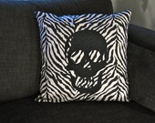 Decorative Pillow Cover, Zebra with Black Embroidered Skull, 16 x 16 inch, Skull Pillow