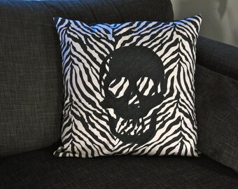 Decorative Pillow Cover, Zebra with Black Embroidered Skull, 16 x 16 inch, Skull Pillow