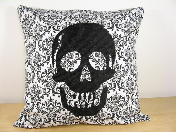Decorative Skull Pillow Cover, Black Embroidered Skull, 16 x 16 inch