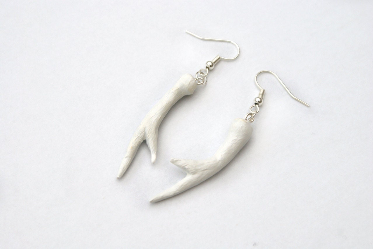 White Stag Antler Earrings Handmade from Polymer Clay