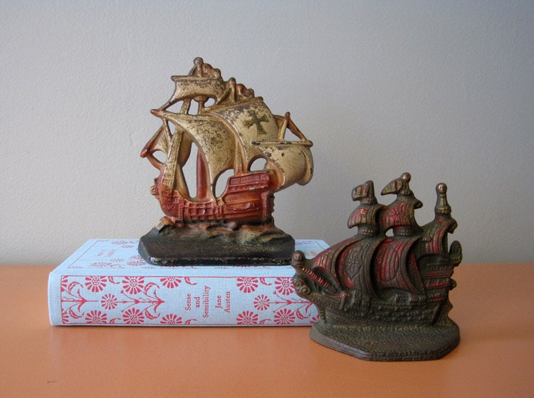 Vintage Painted Cast Iron Ship Bookends, Sailboat Doorstop