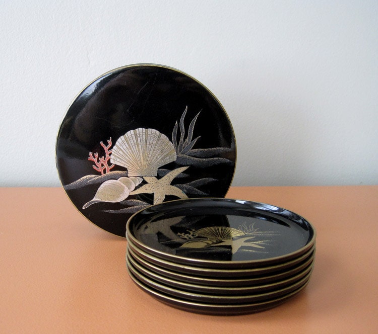 Vintage Otagiri Black Lacquer Nautical Coasters in Decorative Box, Set of 6