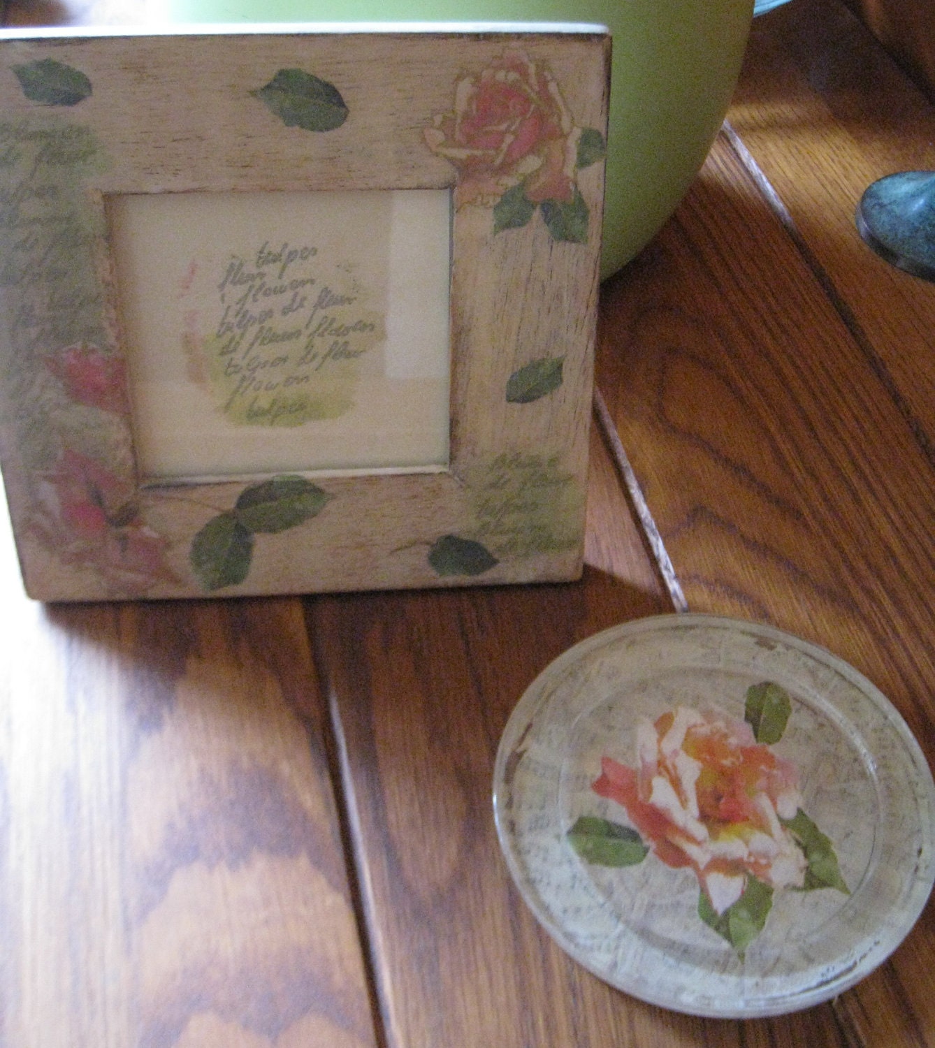 Decoupaged Shabby Chic Wooden Picture Frame and Candle Holder/Coaster Old Romance