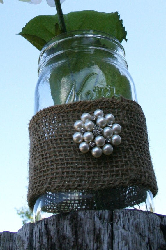 shabby chic table decoration mason jar burlap and pearls