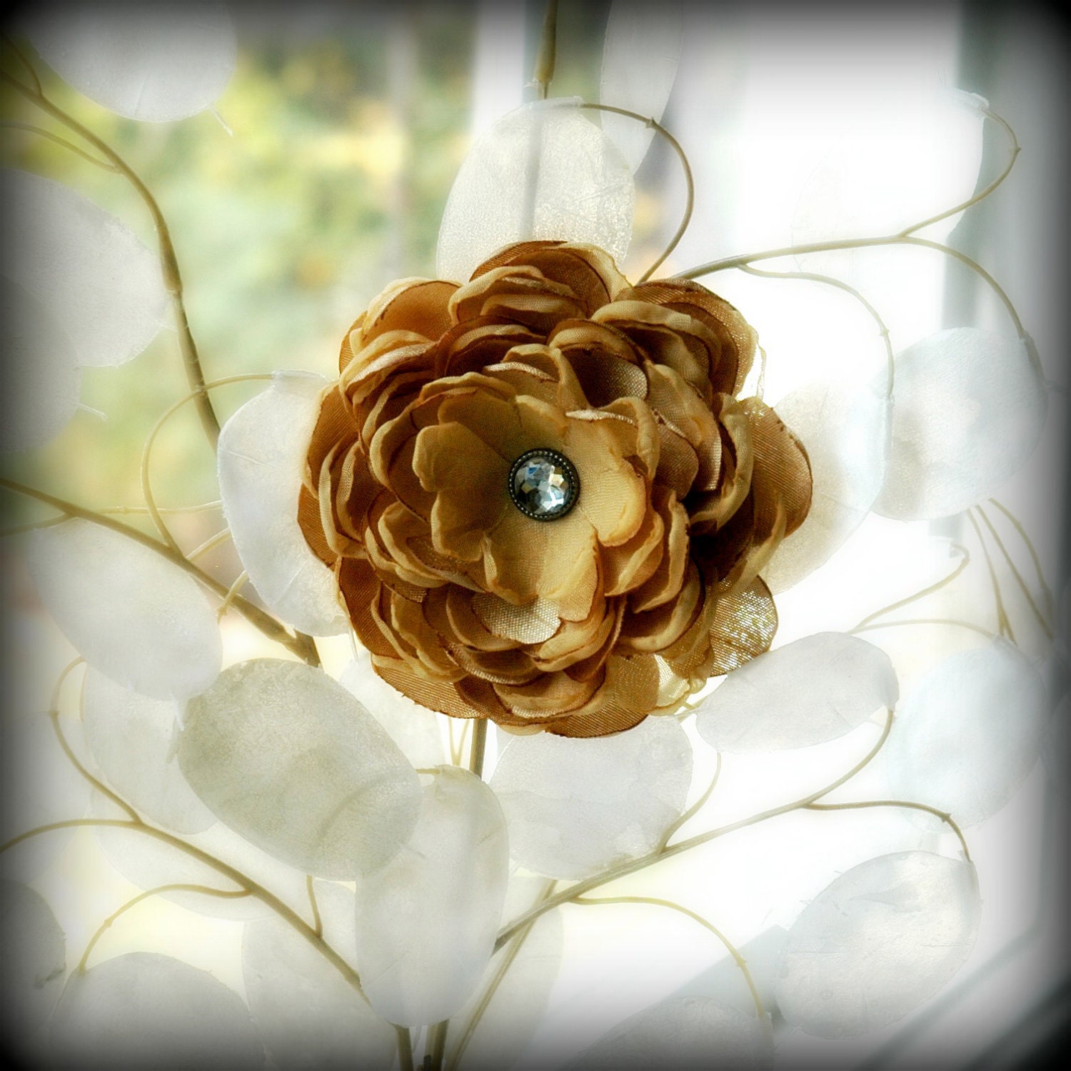 Golden Yellow Taupe Burnt (Heat Singed) Petals Flower Clip/Pin
