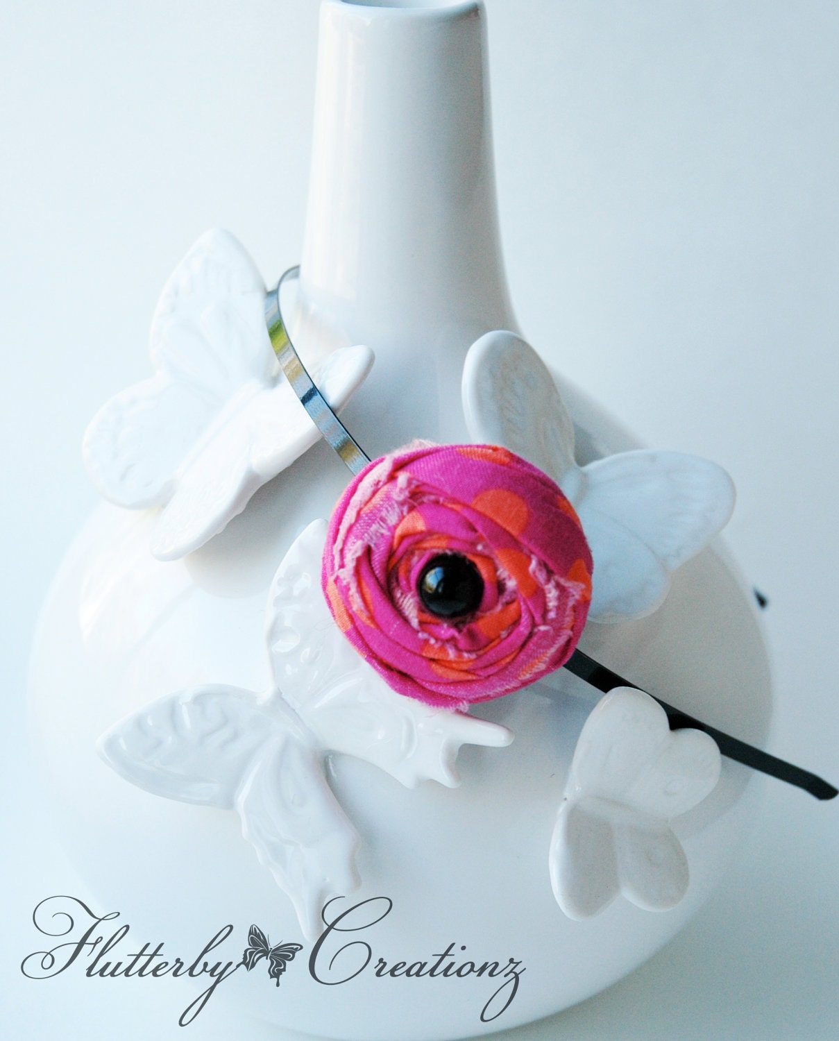 Hot Pink with Orange Polka-Dots Fabric Single Rosette on Black Metal Headband - Handmade, Girl, Teen, School, Any Occasion, Spring, Summer