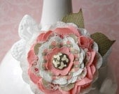 Shabby Chic Multi Colored Layered Vintage Fabric Flower with Leaves in Pink, Ivory & Green Clip / Brooch Pin Combo