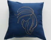 Golden Wheat on Navy Throw Pillow Cover Evangeline Design ( blue, navy blue, yellow, gold, 14 x 14 inches, square, hand embroidered )