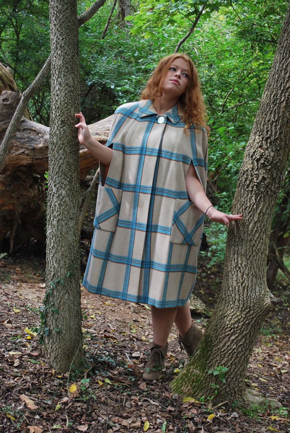 Reserved for Jake Mad About Plaid 1950s Vintage Cape In Cream And Turquoise One Size Fits Most