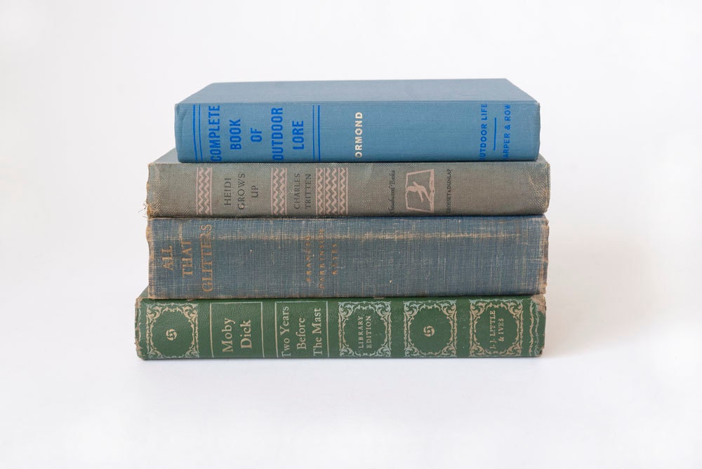 Vintage Books Set of 4, Moby Dick, Heidi Grows Up, All That Glitters, Outdoor Lore Props Home Decor