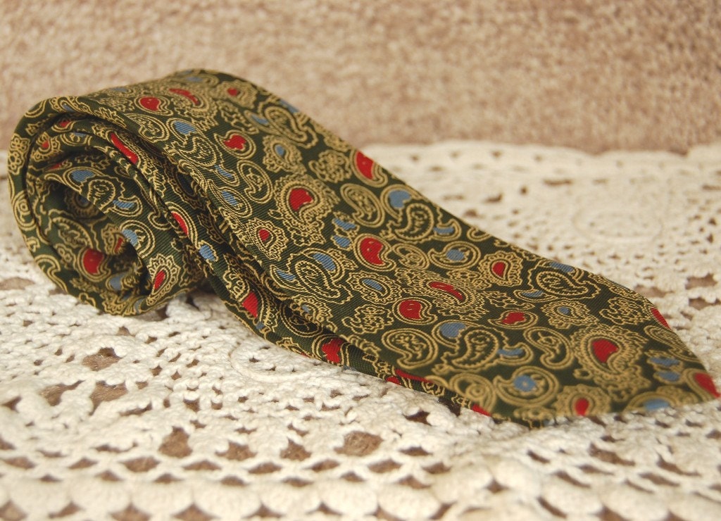 Vintage Thin Skinny Silk Tie Paisley Gold Green Red Blue Hand Blocked Foulard Gentree