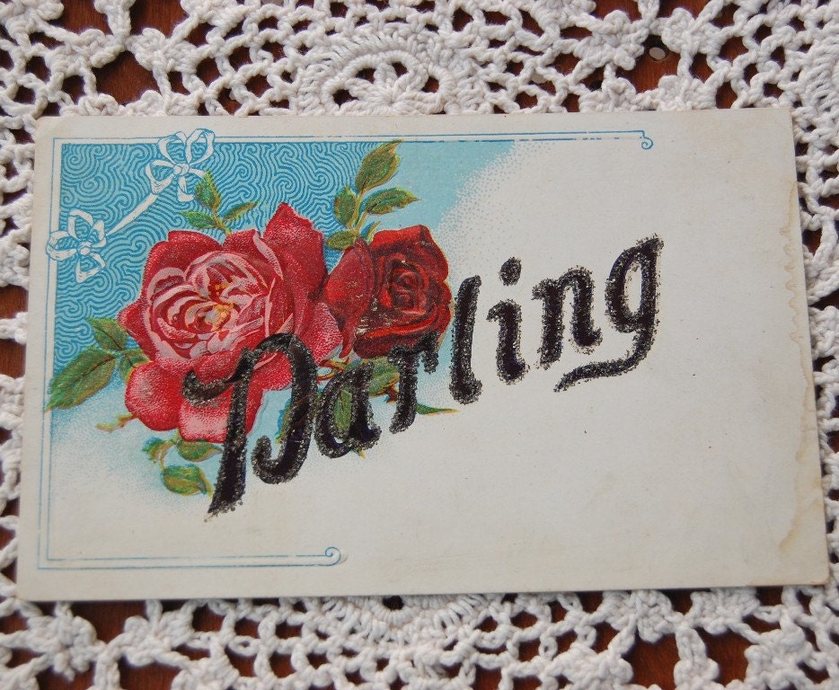 Vintage Post Card Darling Valentine Red Roses Glitter Paper Ephemera Early 1900s