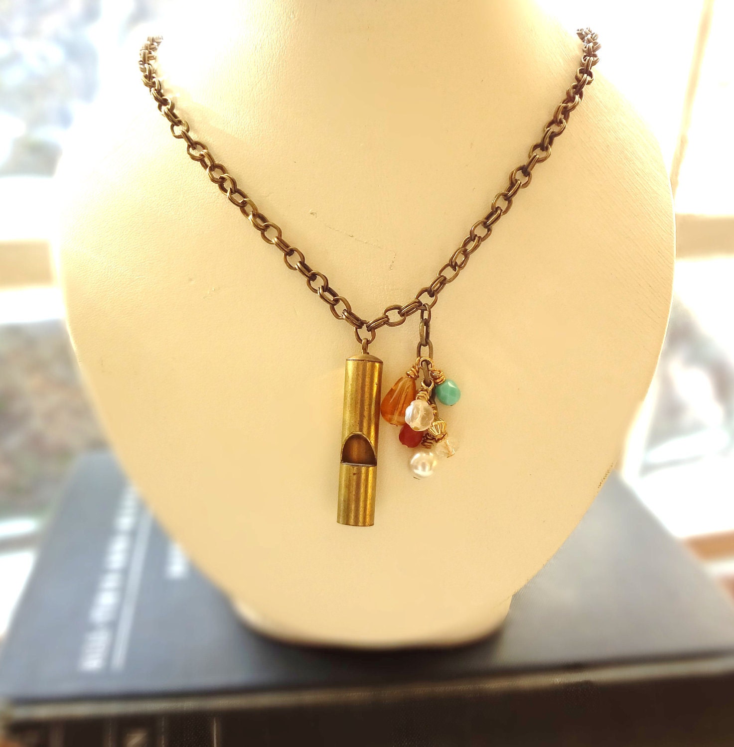 Vintage Whistle Necklace Made of Brass with an Assortment of Czech Glass Beads