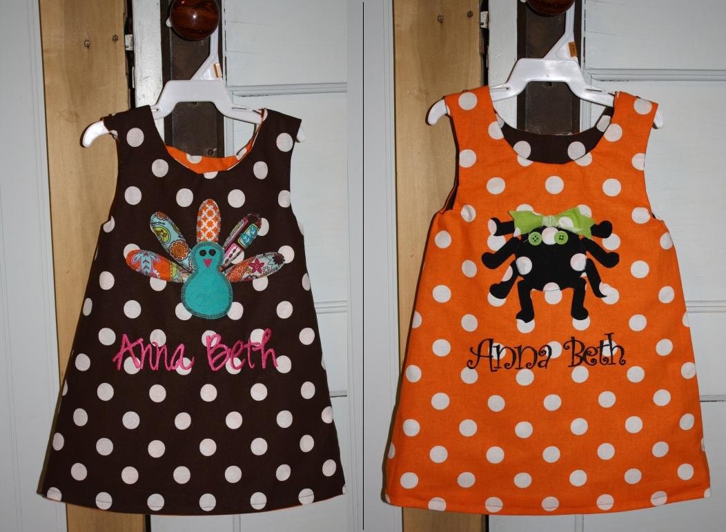 Reversible A-line Dress with Turkey & Spider Appliques and Monogrammed Name
