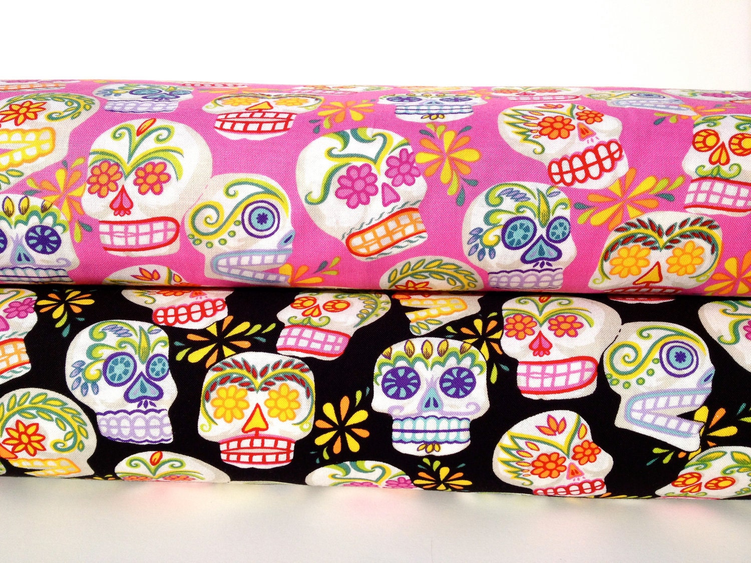 Alexander Henry Mini Calaveras / 2 Half Yards Pink & Black / Folkorico Fabric / Sugar Skull / Day of the Dead / Bright Multi