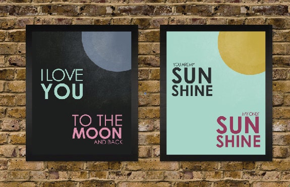 You are my sunshine and I Love you to the Moon -  Vintage Distressed Nursery Print Set - yellow grey pink blue