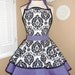 Damask Print Accented with Purple Womans Retro Apron With Tiered Skirt And Bib...Plus Size Available