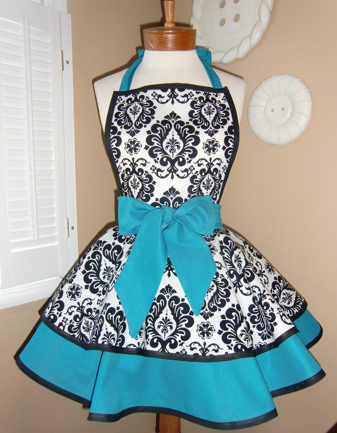 Damask Print Accented with Aqua Womans Retro Apron With Tiered Skirt And Bib