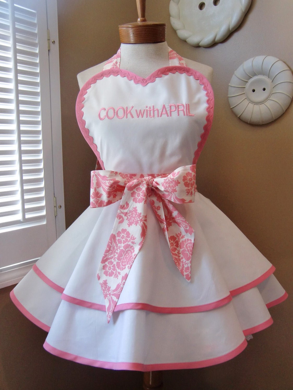 Custom Personalized Womans Retro Apron With Pink Damask Print Accents...Custom Embroidery Of Your Choice, Plus Size Available