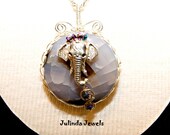 Round Grey Agate Pendant Necklace Sterling Wire Wrapped with Silver Elephant and Crystal Beads