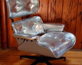 Mid Century Eames Inspired Grey Lounge Arm Chair with Silver Alligator / Crocodile Fabric