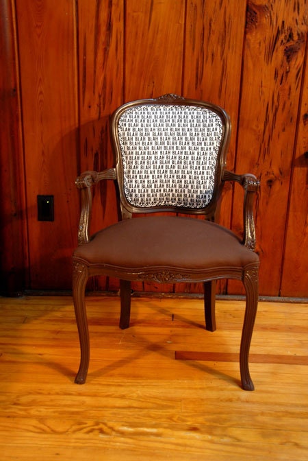 Vintage Louis Style Brown Armchair with 'Blah' Word Fabric and Brown Chair Seat