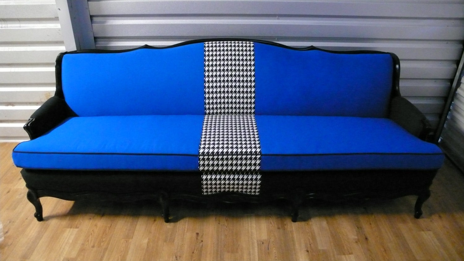 Blue Black Houndstooth French Regency Sofa Couch