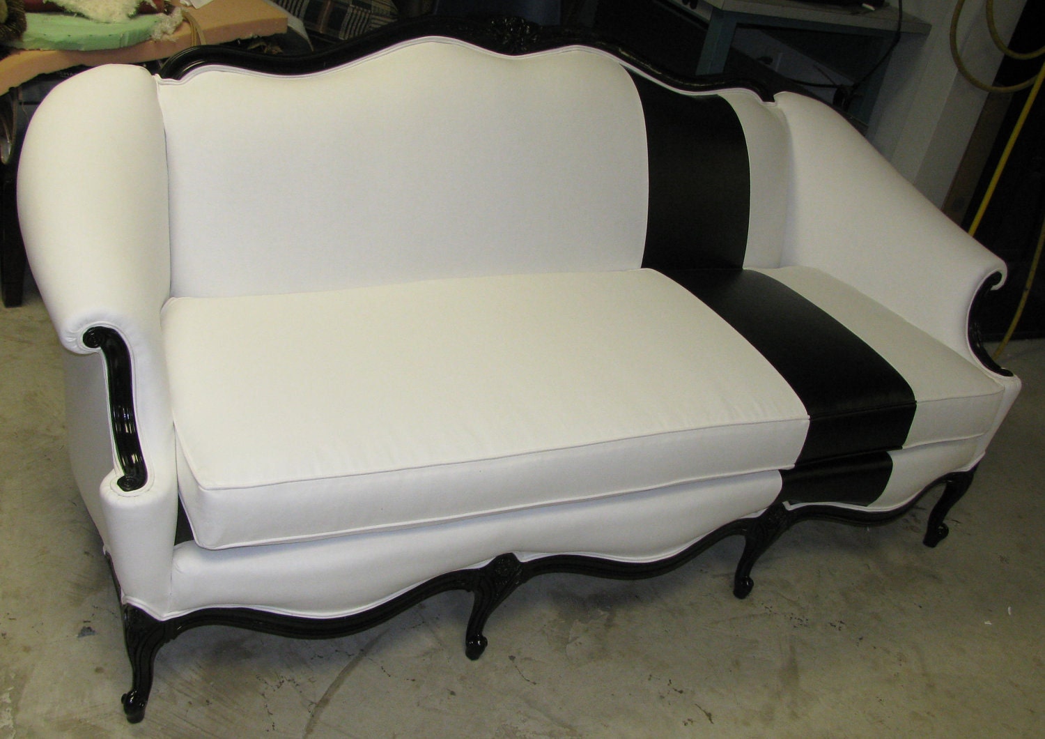 French White and Black Faux Alligator Fabric Sofa Couch - Shown in White Duck Cloth with Black Alligator Stripe - can be ANY FABRIC