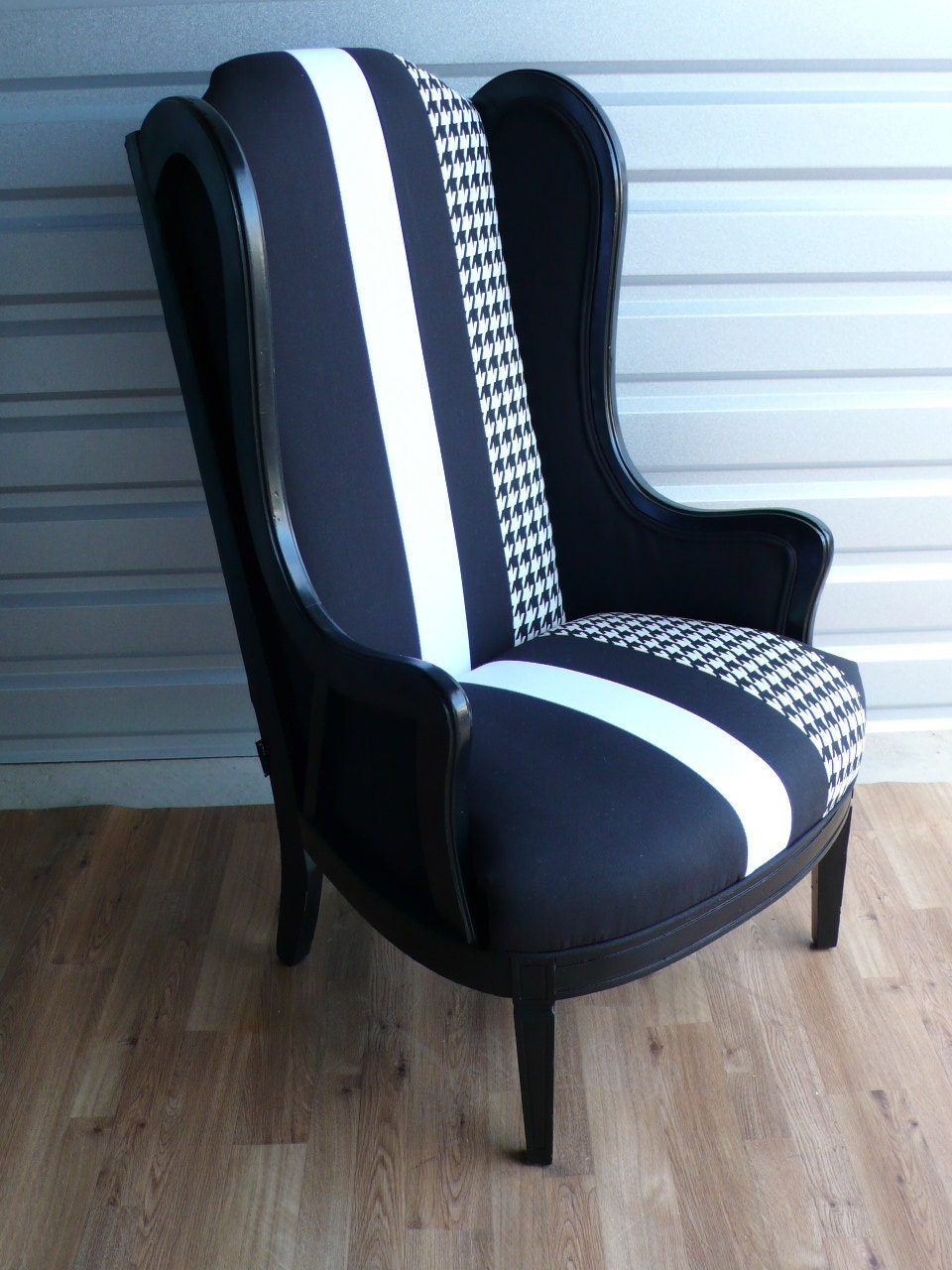 Black Slim Wing Armchair with White & Houndstooth Stripe Fabric