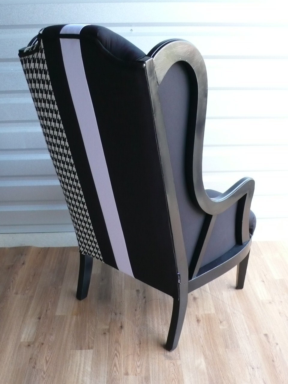 Black Slim Wing Armchair with White & Houndstooth Stripe Fabric