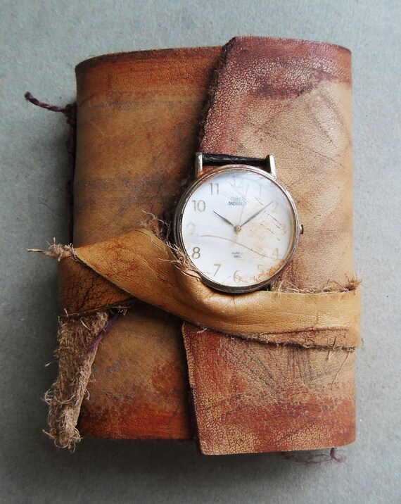 Ancient timeless Art journal. Handbound leather aged, burnt pages. Small rustic pocket journal. brown with clock.