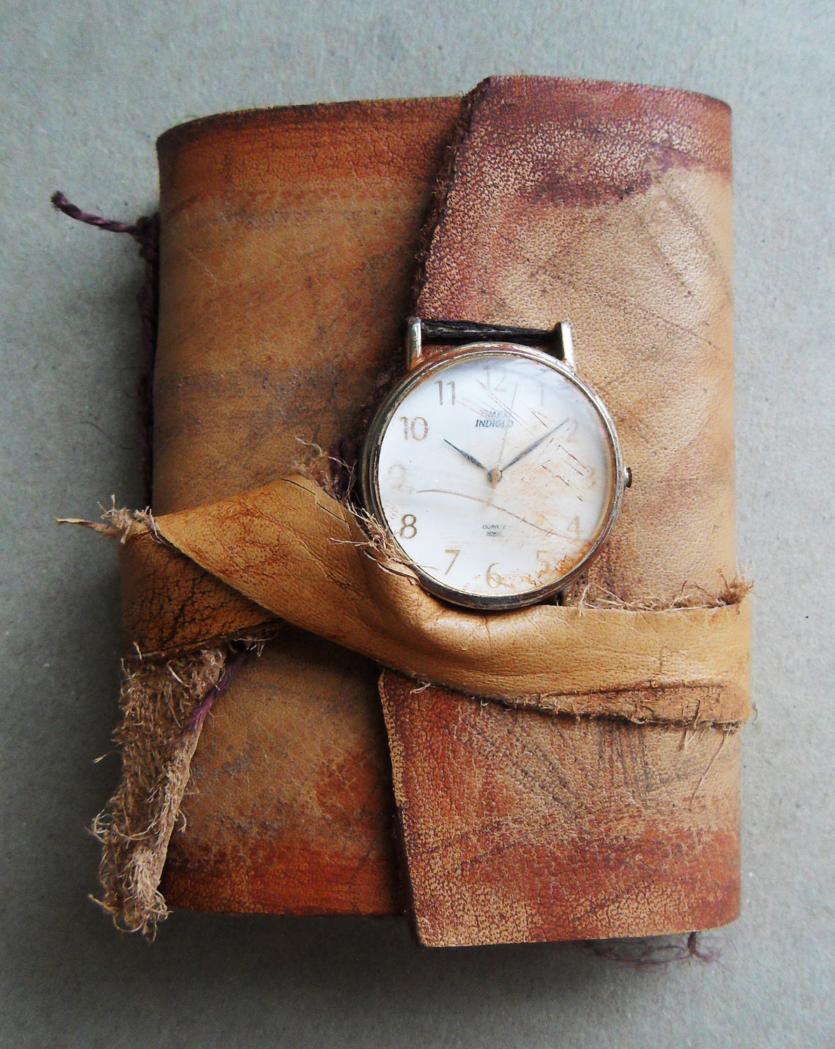 Ancient timeless Art journal. Handbound leather aged, burnt pages. Small rustic pocket journal. brown with clock.