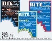 Shark Attack Birthday Party invitation with shark bite cut-out and birthday poem CUSTOM COLORS